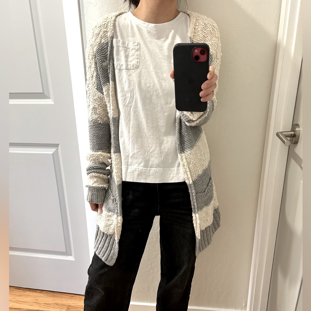 Abercrombie & Fitch Gray and Cream Striped Cardigan
